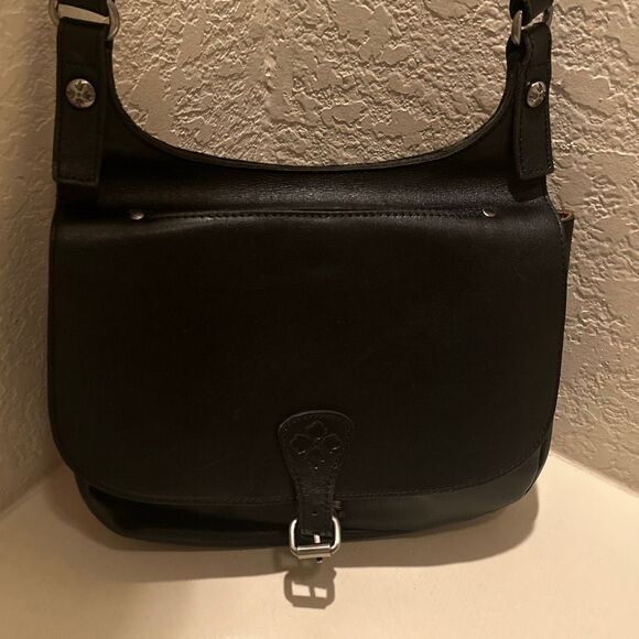 Patricia Nash London Saddle Bag Purse Black Smooth Leather Preppy Equestrian - Picture 1 of 16